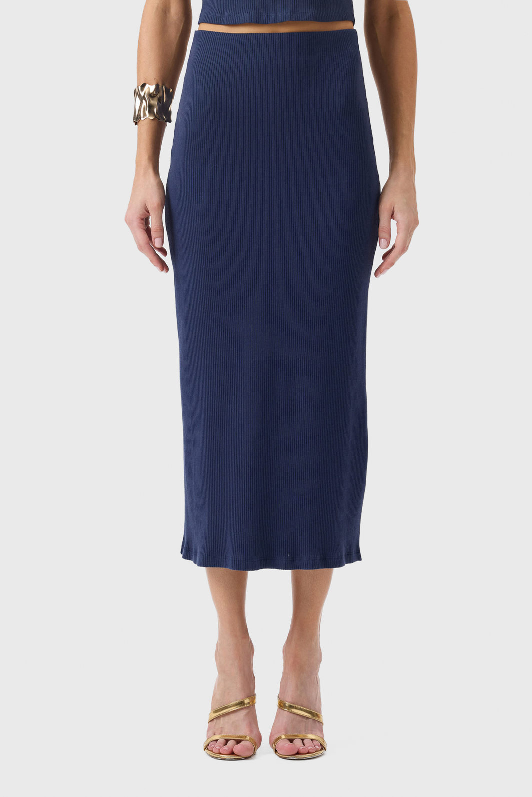 Saia Midi Flor de Lis Algodão Elastano Canelada Lisa Azul