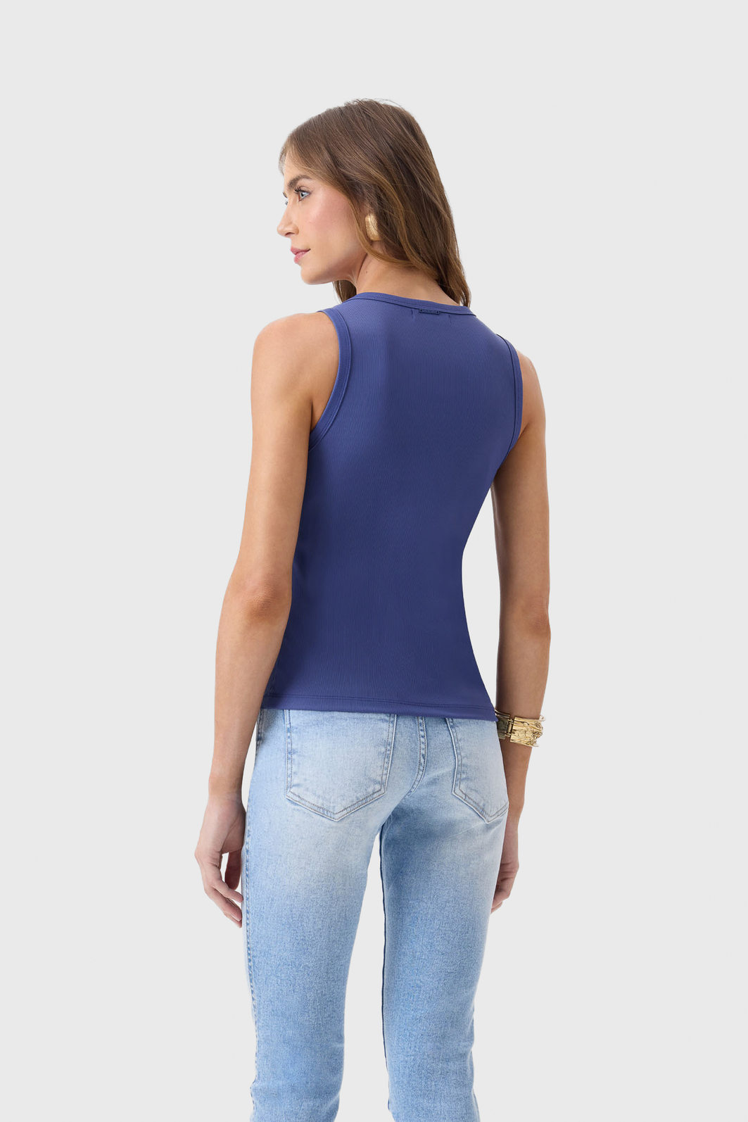 Blusa Regata Flor de Lis Poliamida Elastano Malha Canlenada Lisa Azul