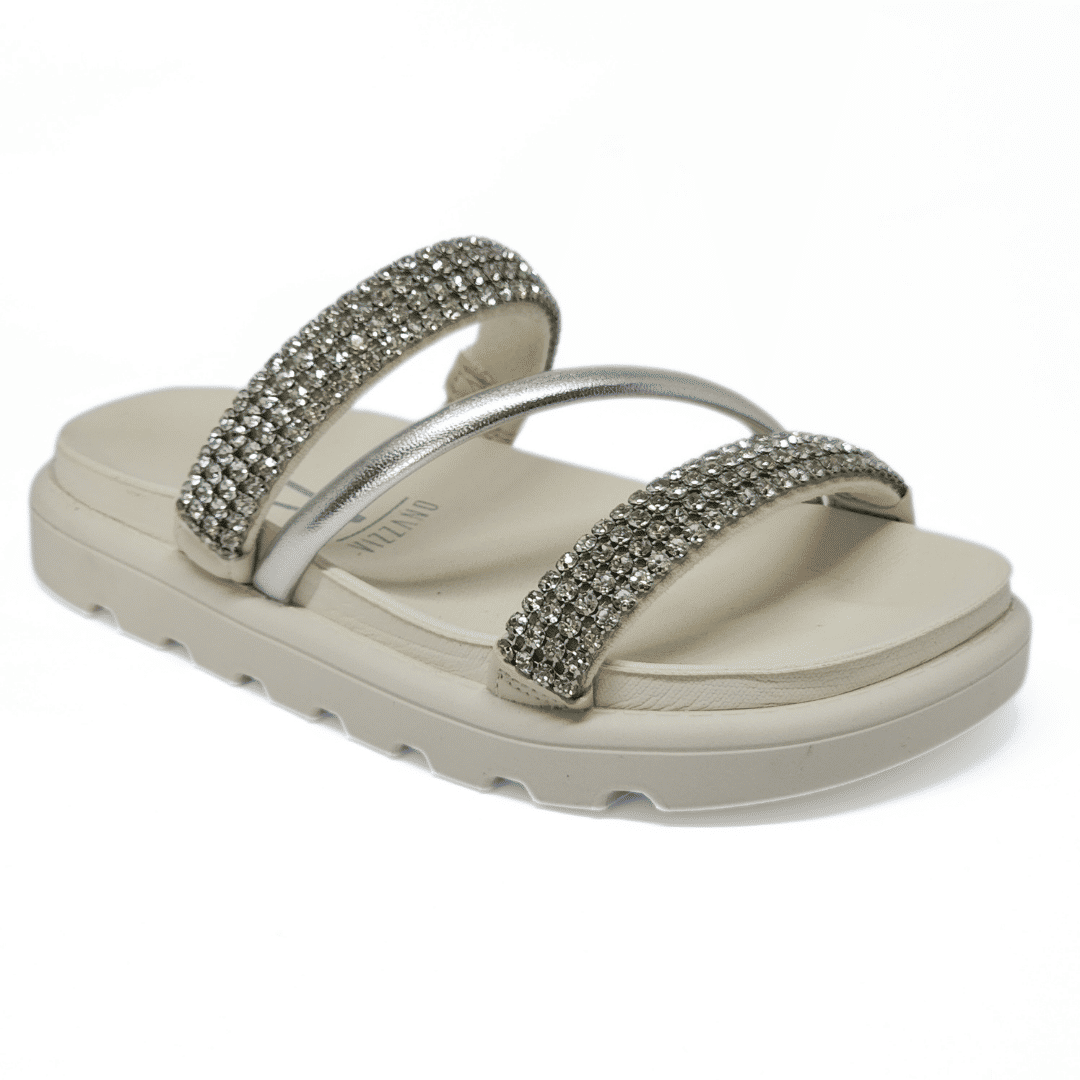 Rasteira Papete Vizzano Cabedal Tiras Metalizada Aplicação Strass Solado Tratorado Off White