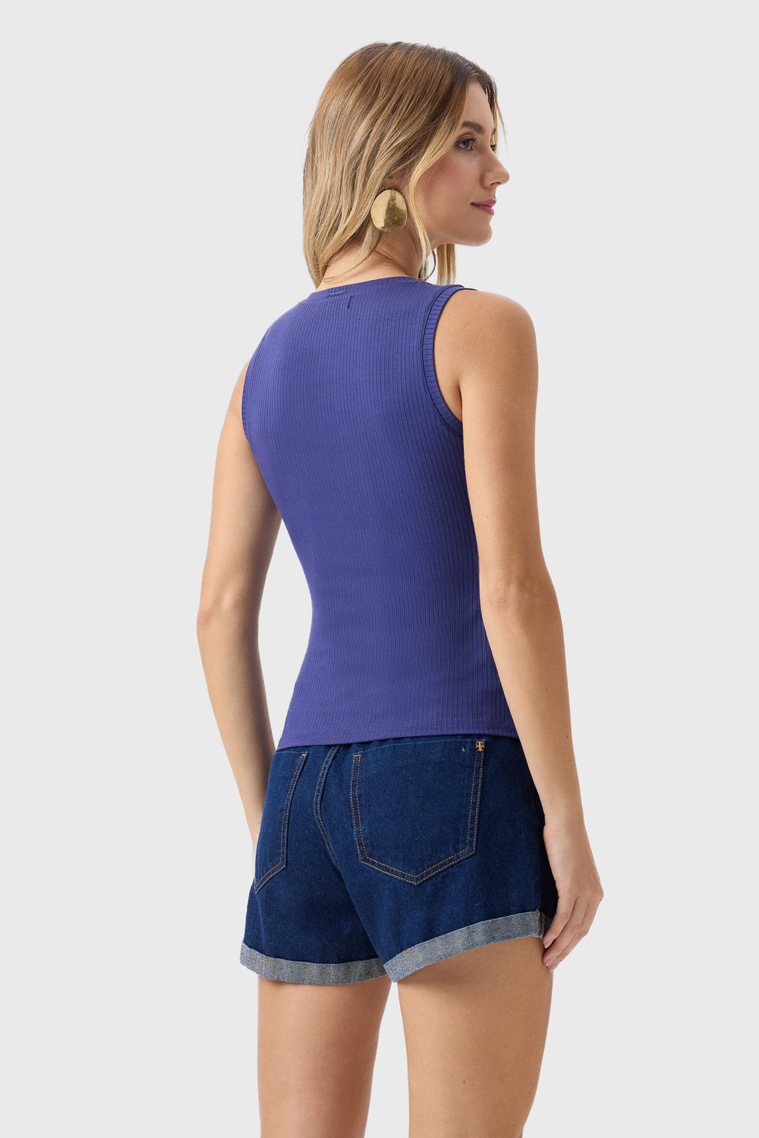 Blusa Regata Flor de Lis Viscose Elastano Malha Básica Lisa Azul