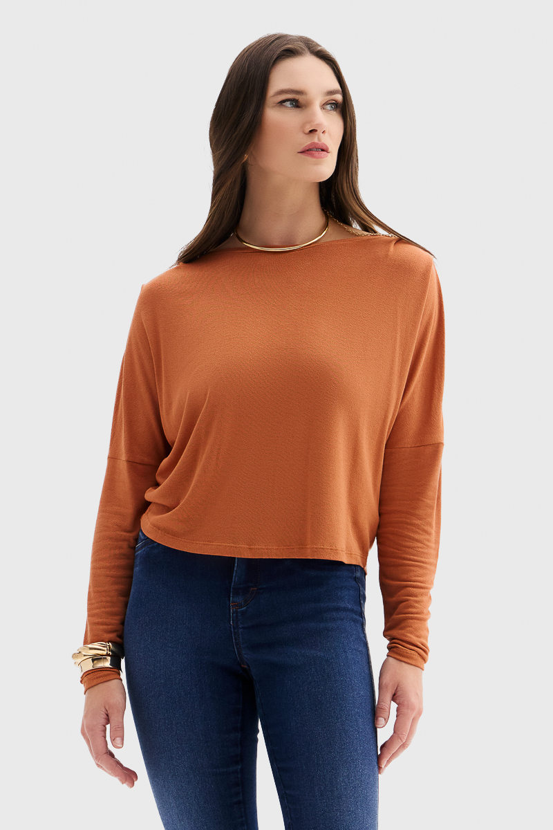 Blusa Flor de Lis Viscose Elastano Manga Longa Lisa Detalhe Pregas Bege