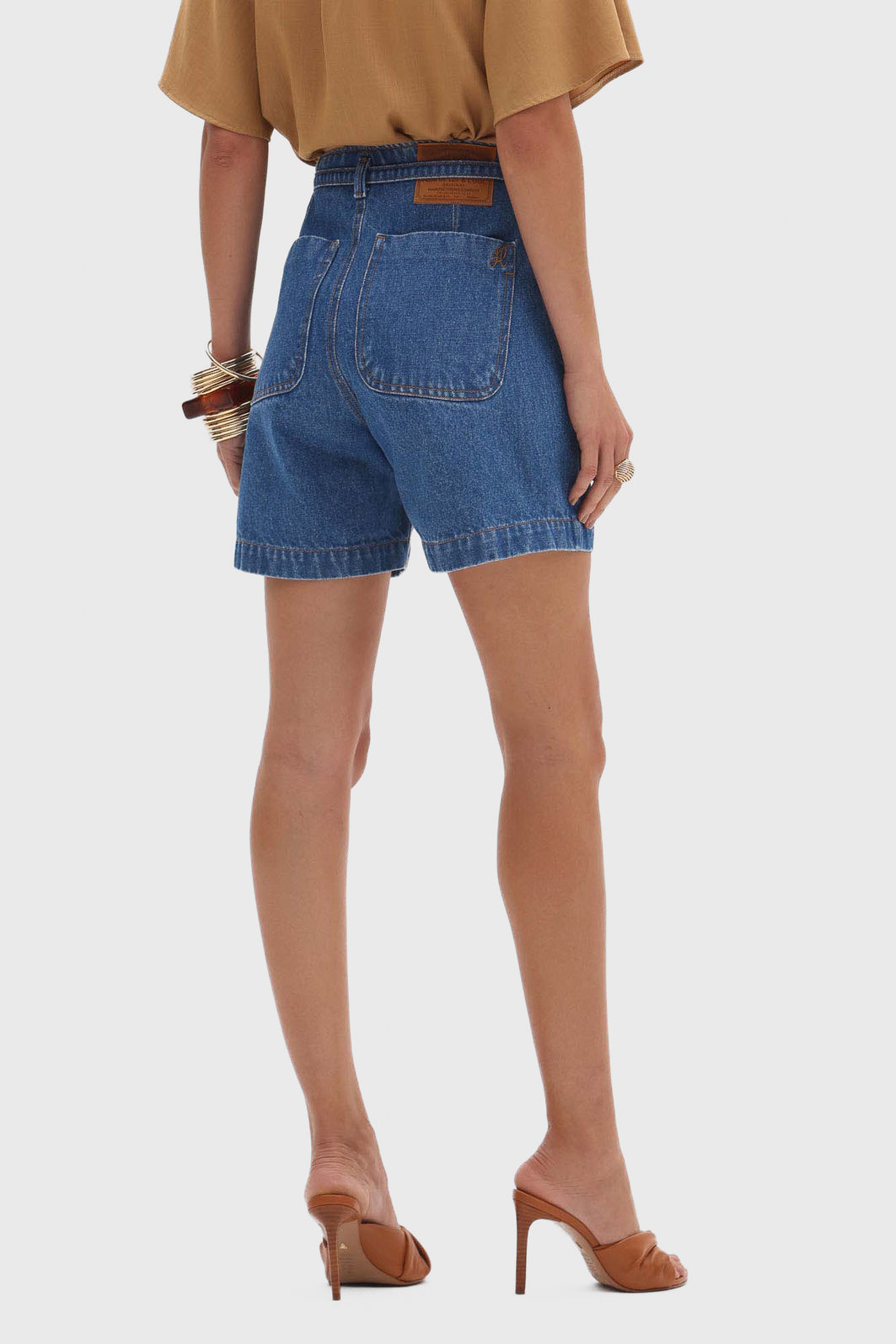 Short Curto Flor de Lis Alfaiataria Algodão Bolso Faca Acompanha Cinto Azul Médio