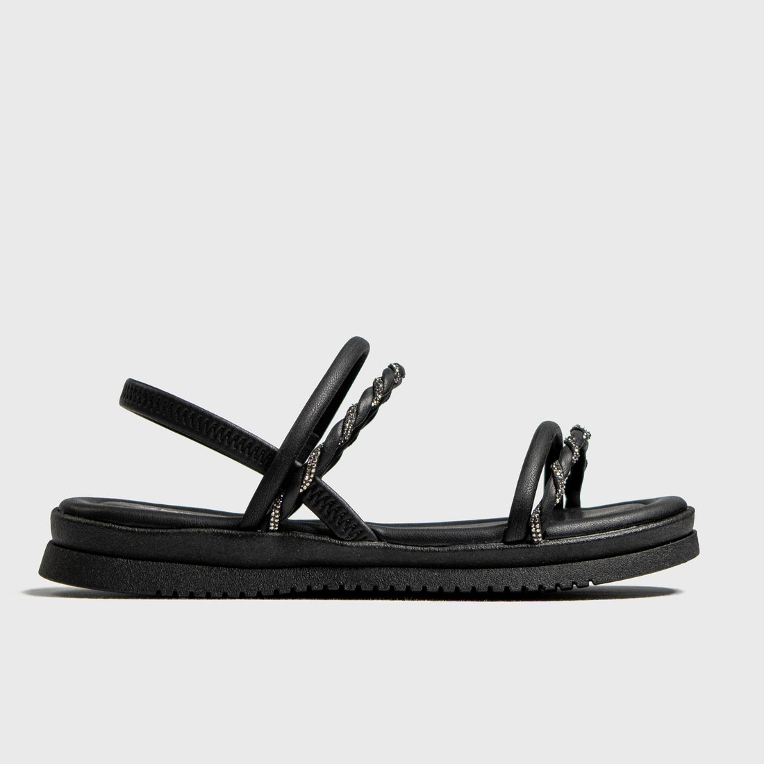 Sandália Papete Mississipi Cabedal Tiras Aplicação Strass Posterior Elástico Preto Sandália Papete Mississipi Cabedal Tiras Aplicação Strass Posterior Elástico Preto