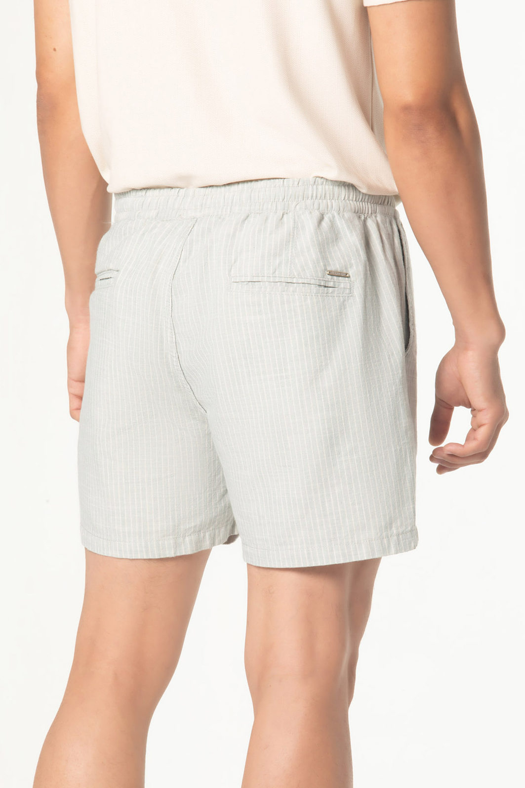 Short Dlz Algodão Viscose Linho Cós Elástico com Amarração Estampa Listras Bolso Faca Verde