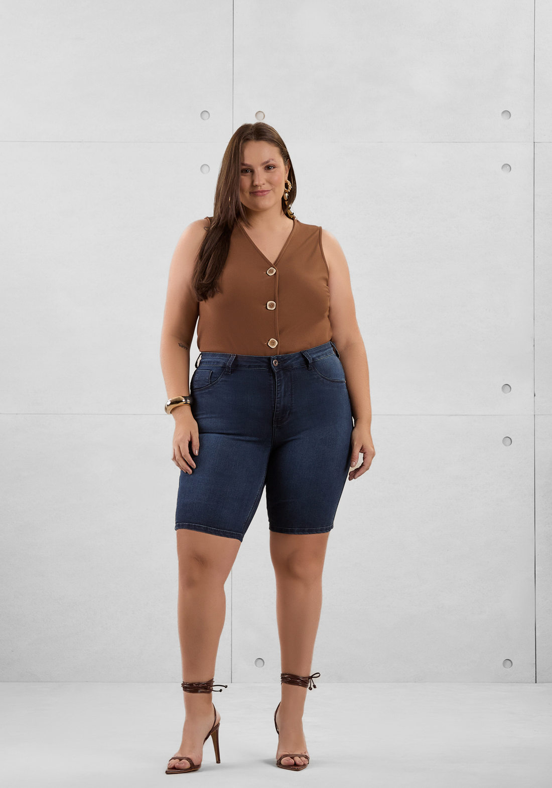 Short Jeans Lunender Ciclista Fit For Me Bolso Falso Azul Médio