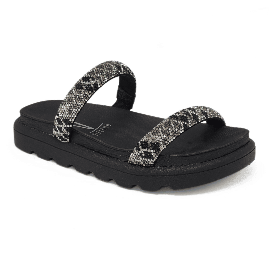 Rasteira Papete Vizzano Cabedal Tiras Strass Lateral Elástico Solado Tratorado Preto