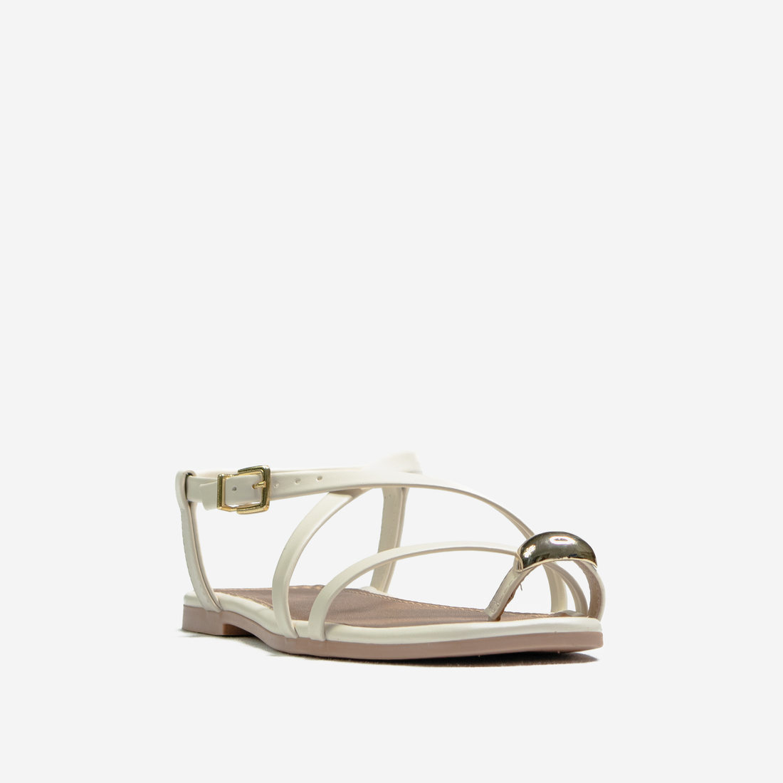 Sandália Rasteira Ramarim Bico Quadrado Tiras Transpassada Dedo Detalhe Metal Off White Sandália Rasteira Ramarim Bico Quadrado Tiras Transpassada Dedo Detalhe Metal Off White