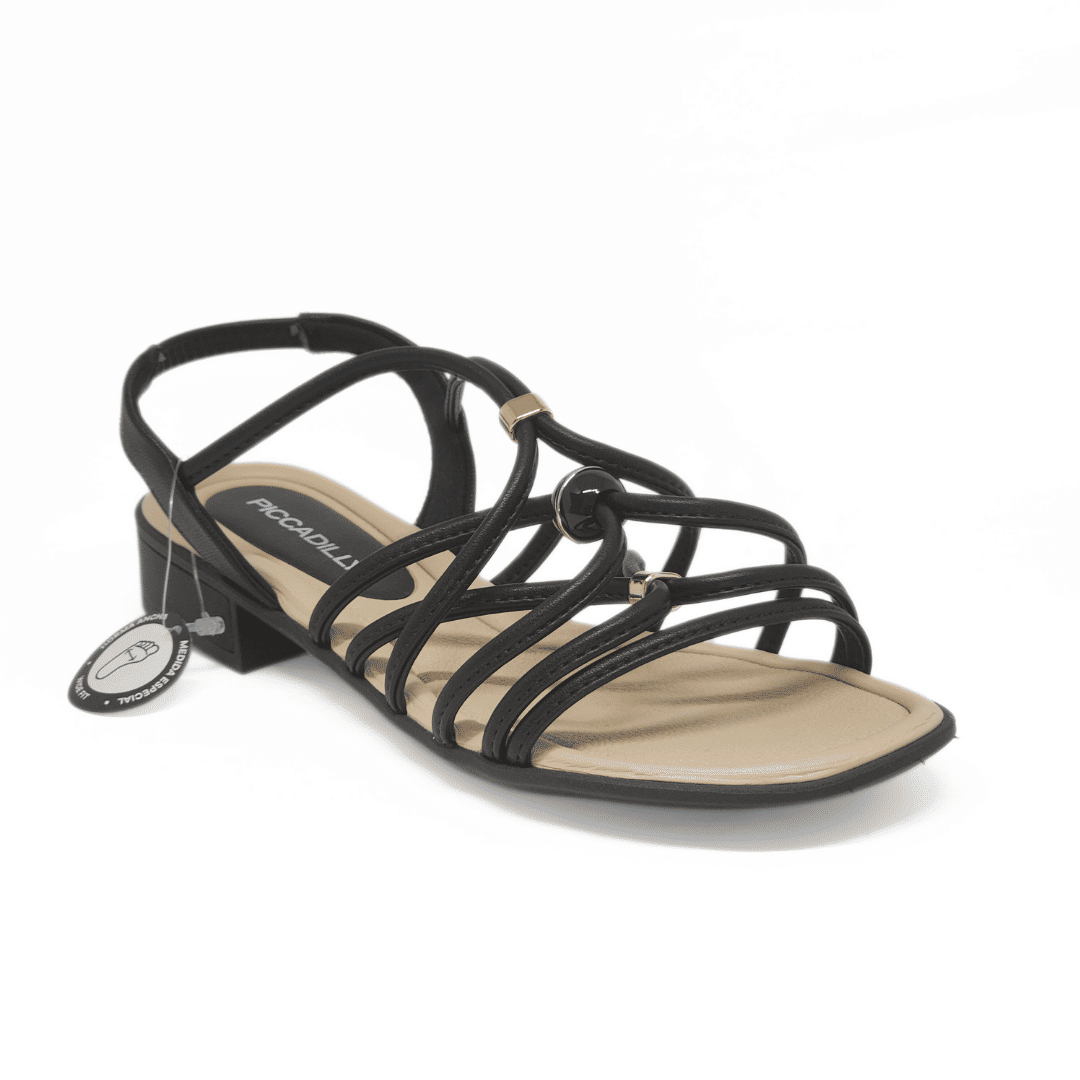 Sandália Piccadilly Tiras Transpassadas Detalhe Bola Metal Ajustável Salto Rasteira Posterior Elásti