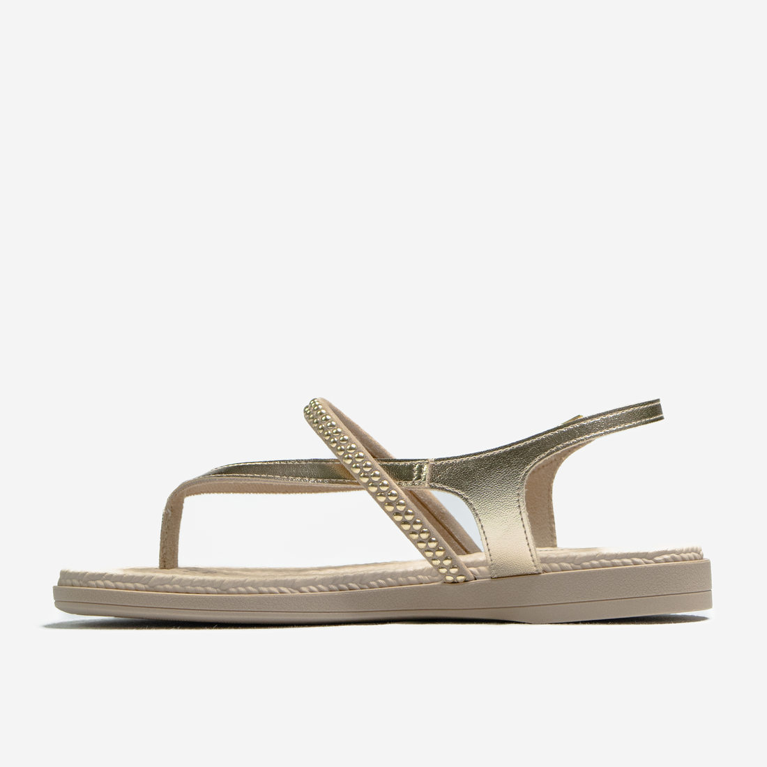 Sandália Rasteira Tira Metalizada Detalhe Strass Fechamento Fivela Palmilha Texturizada Dourado Sandália Rasteira Tira Metalizada Detalhe Strass Fechamento Fivela Palmilha Texturizada Dourado