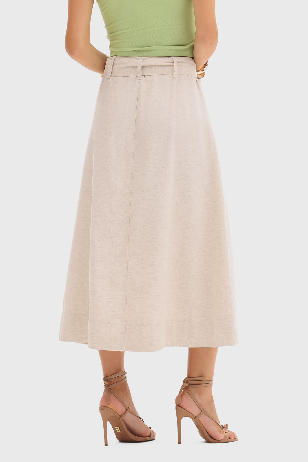 Saia Midi Flor de Lis AML Detalhe Drapeado Lisa Bolso Faca Acompanha Cinto Bege Saia Midi Flor de Lis AML Detalhe Drapeado Lisa Bolso Faca Acompanha Cinto Bege