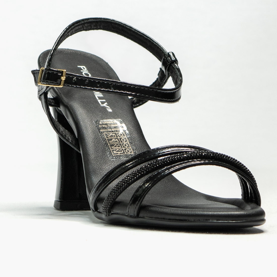 Sandália Piccadilly Tiras Detalhe Strass Fechamento Fivela Salto Alto Taça Preto Sandália Piccadilly Tiras Detalhe Strass Fechamento Fivela Salto Alto Taça Preto