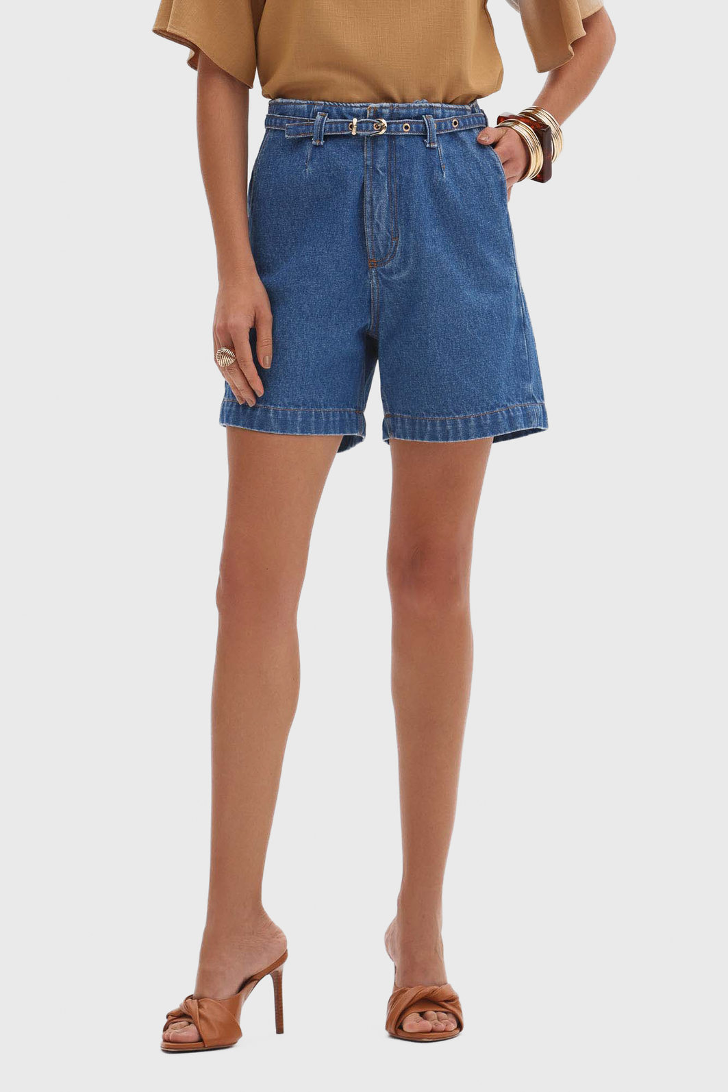 Short Curto Flor de Lis Alfaiataria Algodão Bolso Faca Acompanha Cinto Azul Médio