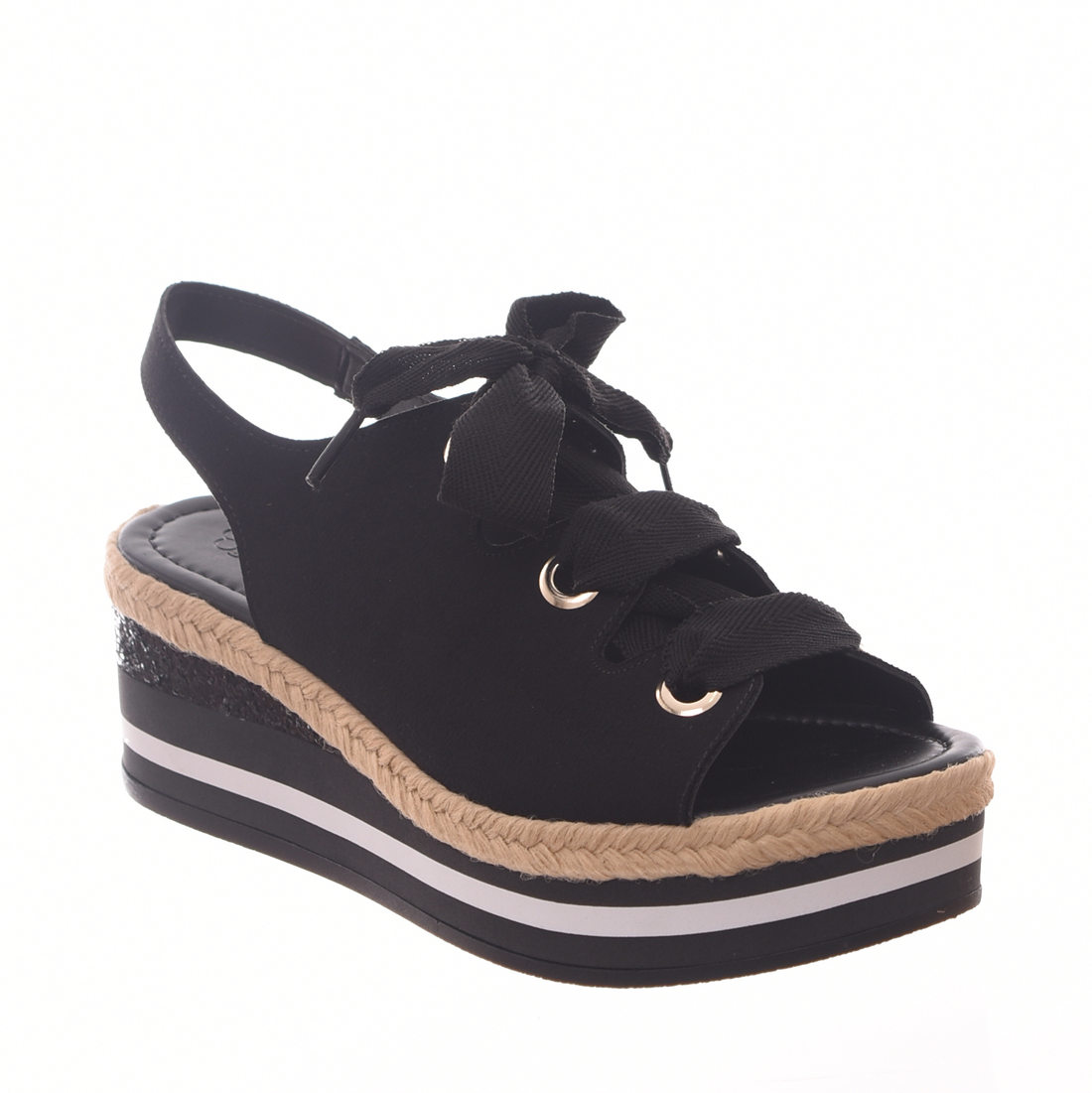 Sandália Bebecê Detalhe Corda e Glitter Salto Anabela com Amarração Camurça Preta Sandália Bebecê Detalhe Corda e Glitter Salto Anabela com Amarração Camurça Preta