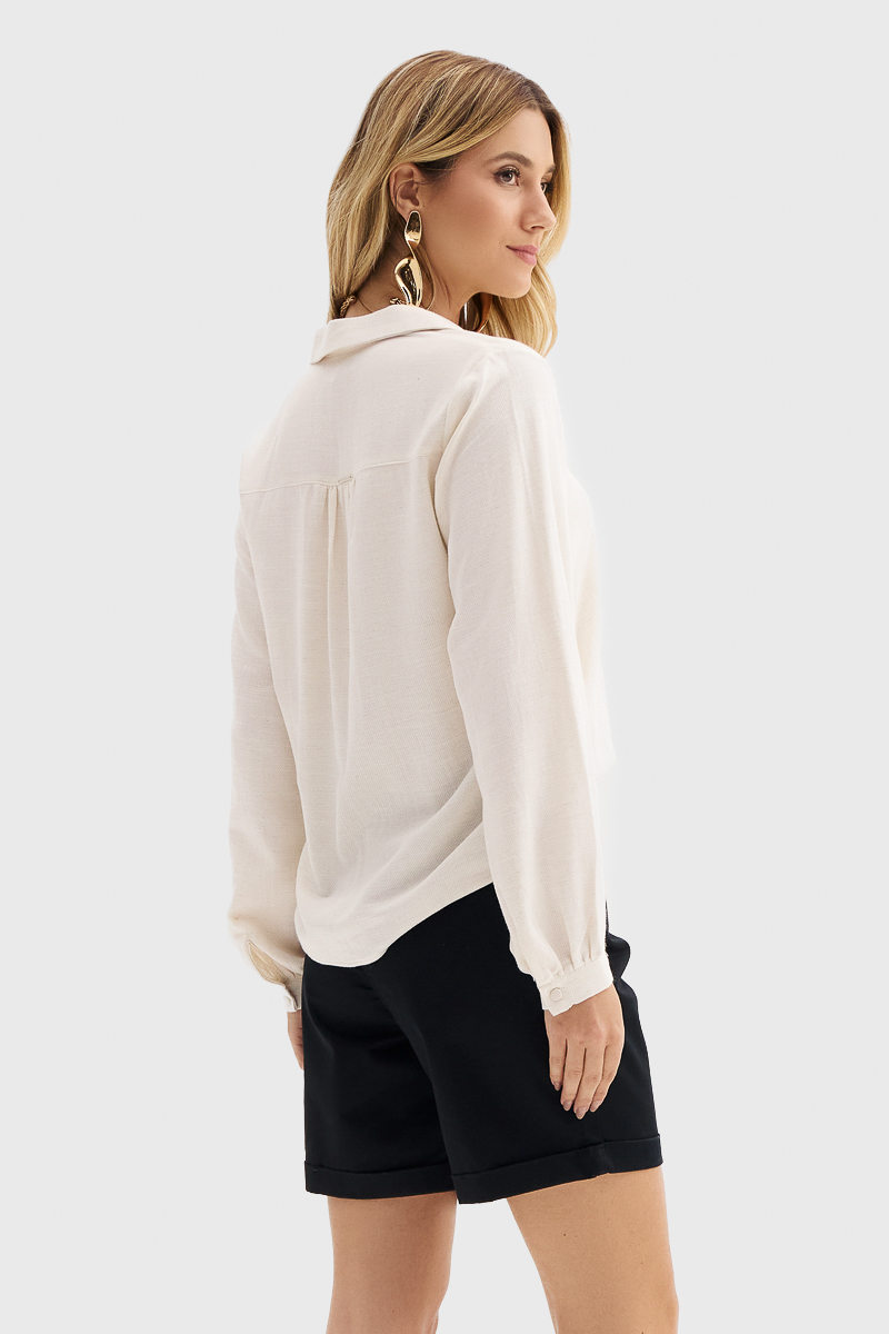 Camisa Flor de Lis AVL Gola Colarinho Manga Longa Bufante Lisa Detalhe Botões Off White