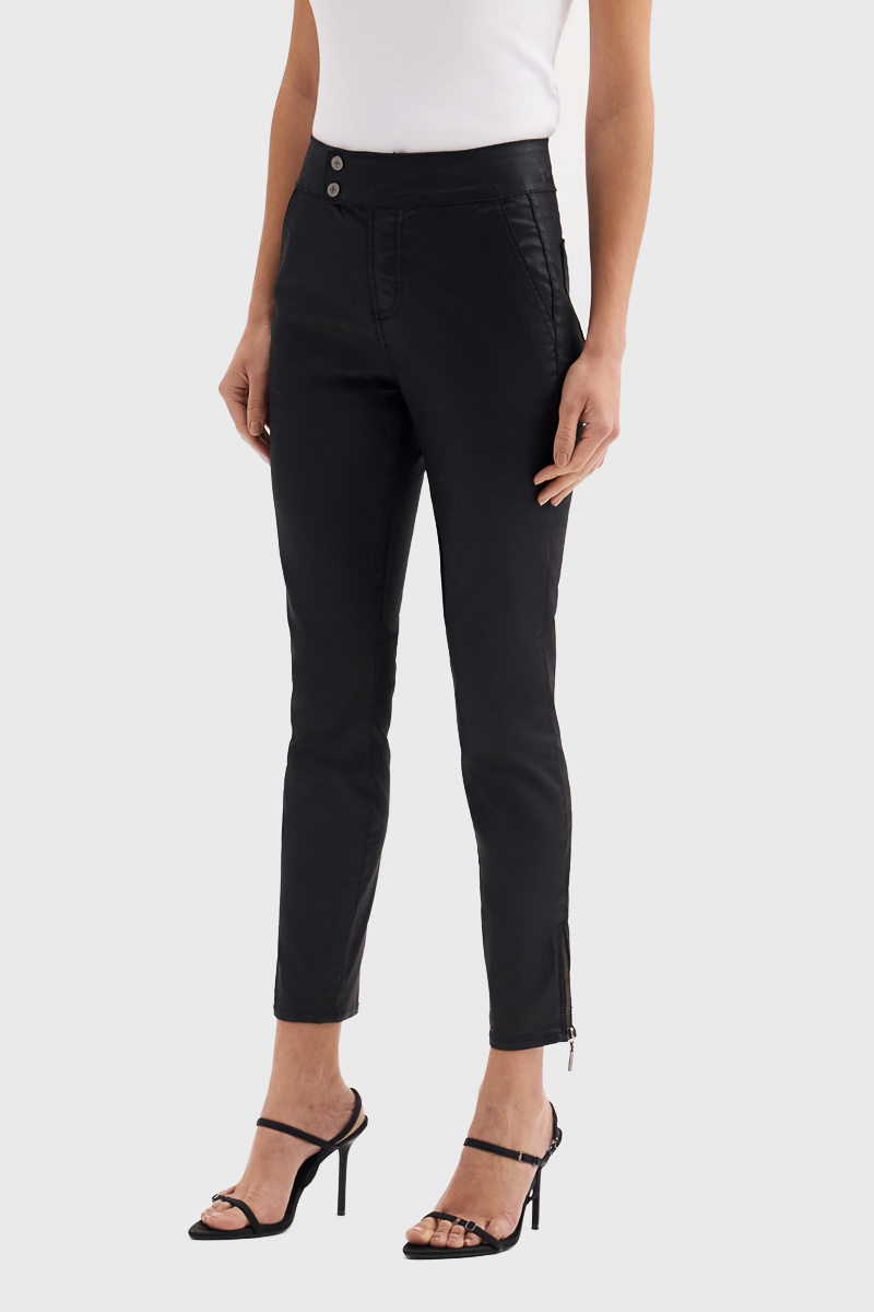 Calça Flor de Lis APE Resinada Esmeralda Cropped Bolso Faca Barra Zíper Preto