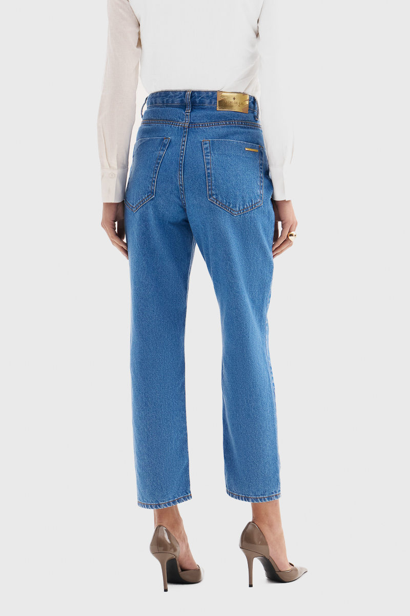 Calça Flor de Lis Cropped Algodão com Bolso Azul Médio