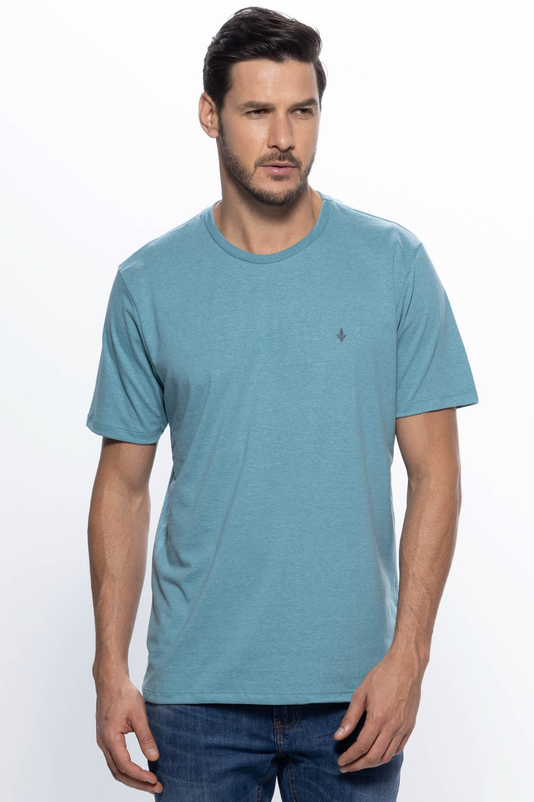 Camiseta Dlz Regular Decote Redondo Manga Curta Básica Aplicação Bordado Logo Azul Claro Mescla