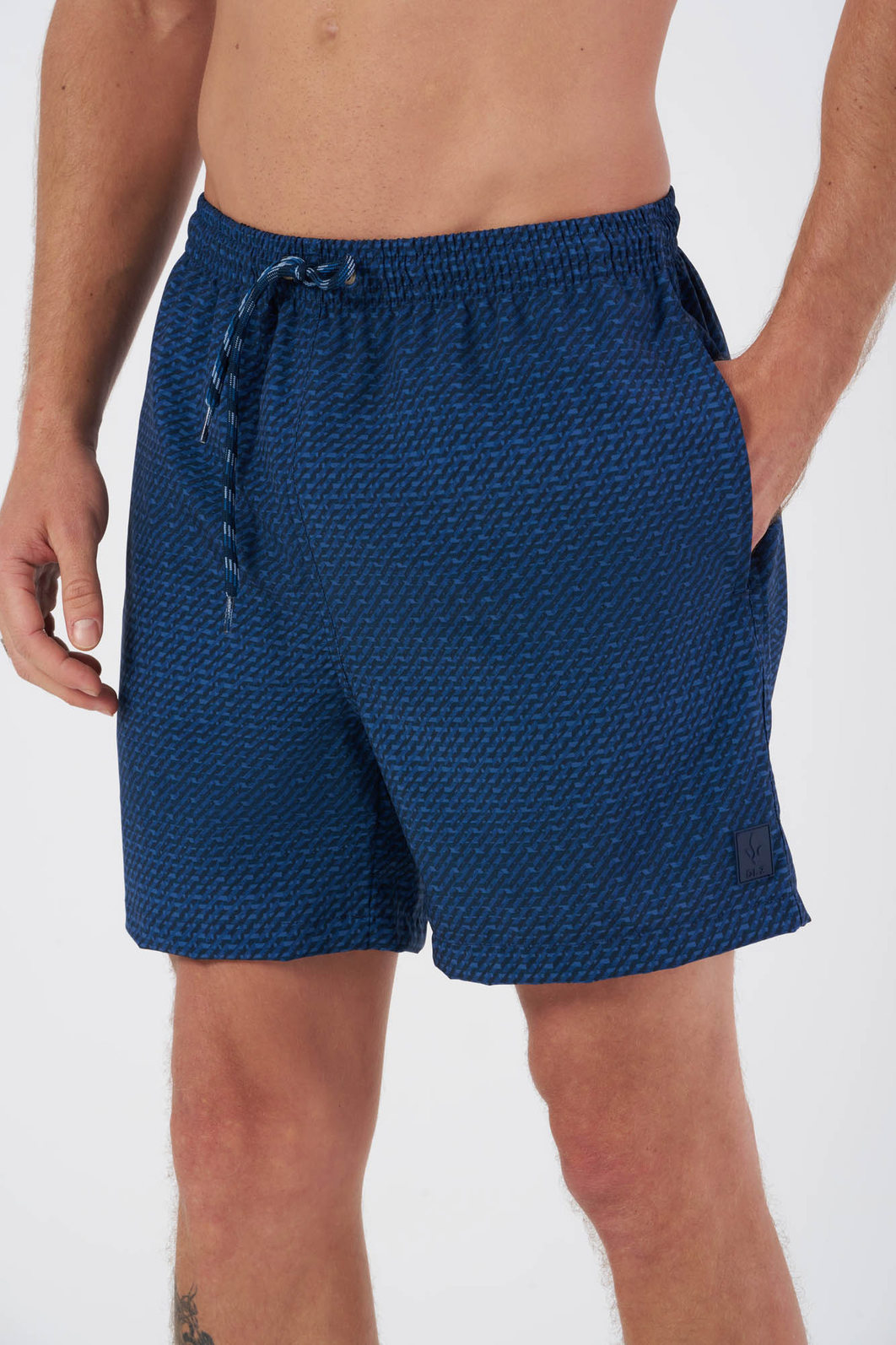 Short Banho Dlz Poliéster Elastano Cós Elástico com Amarração Estampa Geométrica Azul Marinho