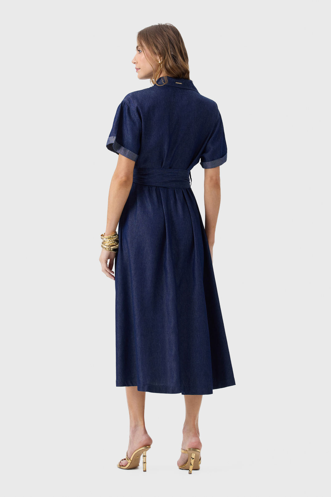 Vestido Midi Flor de Lis Algodão Liocel Gola Colarinho Manga Curta Dobrada Liso Acompanha Cinto Faix