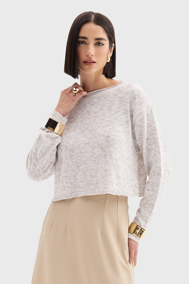 Blusa Cropped Flor de Lis Lã Acrílico Poliamida Manga Longa Lisa Off White