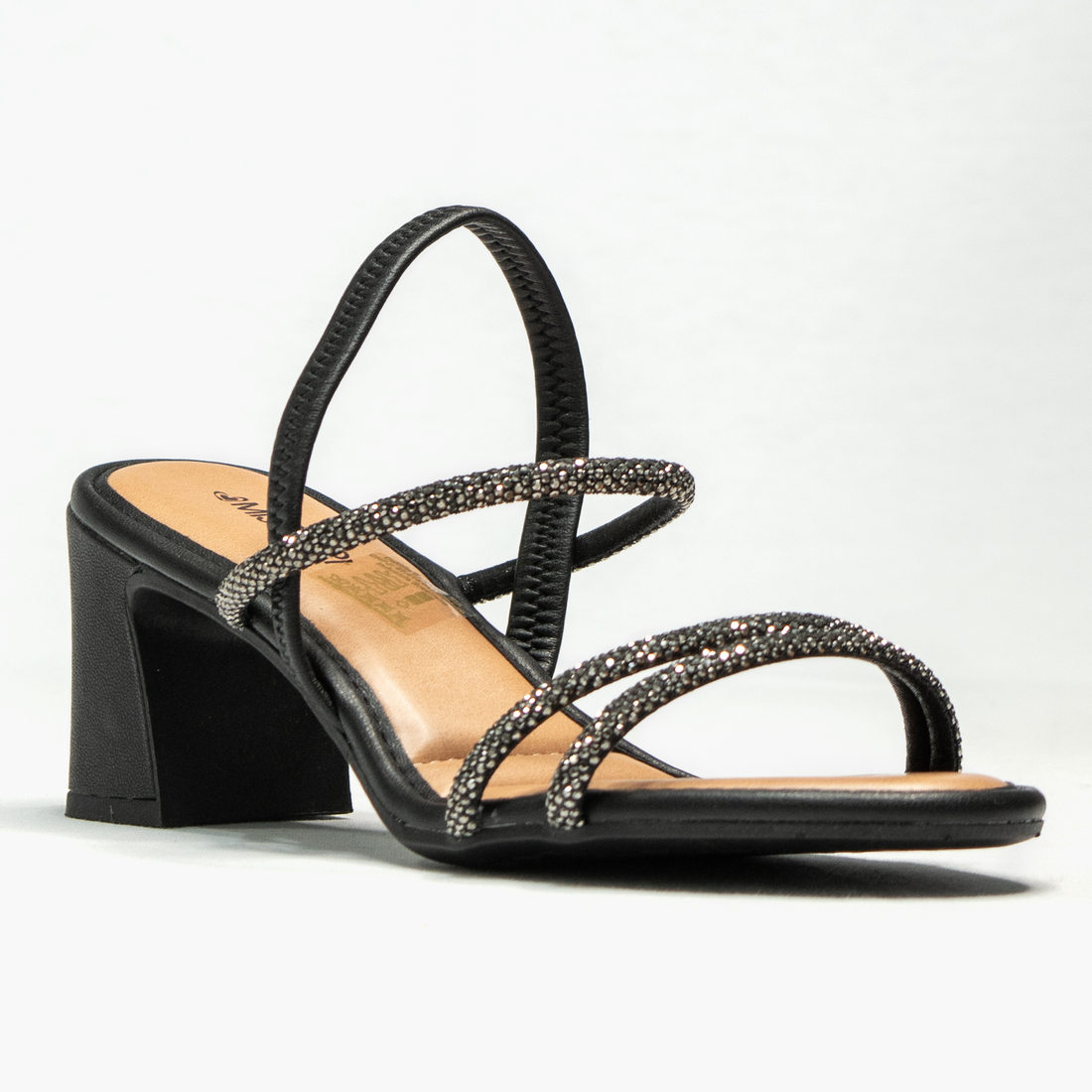 Sandália Mississipi Tiras Aplicação Strass Posterior Elástico Salto Médio Grosso Preto Sandália Mississipi Tiras Aplicação Strass Posterior Elástico Salto Médio Grosso Preto