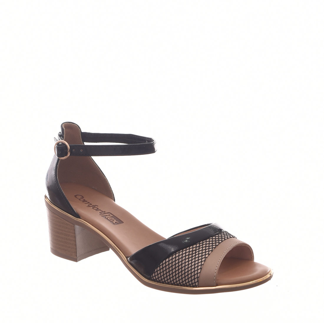 SANDÁLIA COMFORTFLEX SALTO GROSSO BICOLOR DETELHE VERNIZ E CETIM PRETO E BEGE SANDÁLIA COMFORTFLEX SALTO GROSSO BICOLOR DETELHE VERNIZ E CETIM PRETO E BEGE