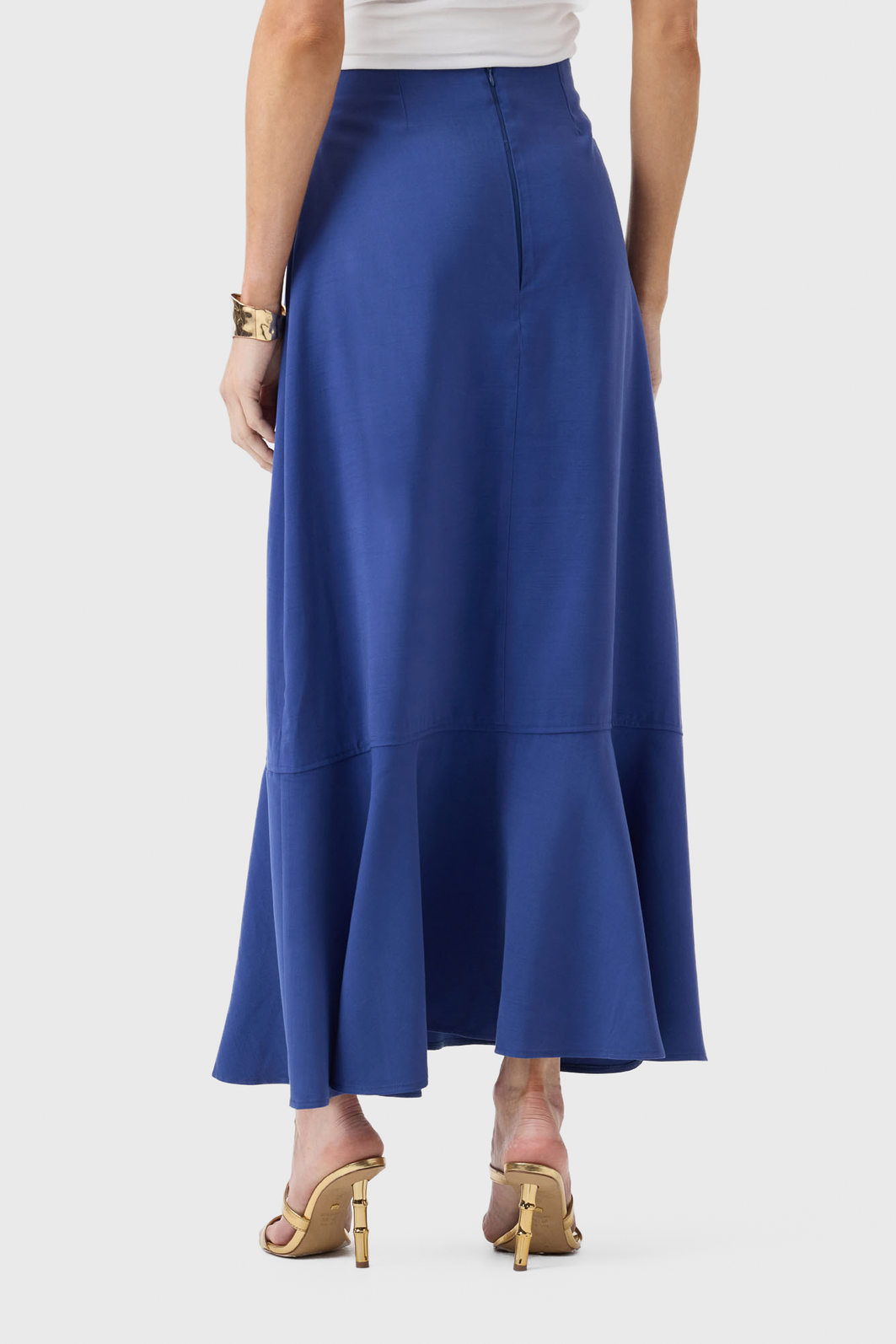 Saia Midi Flor de Lis Viscose Poliéster Liso Fechamento Zíper Azul