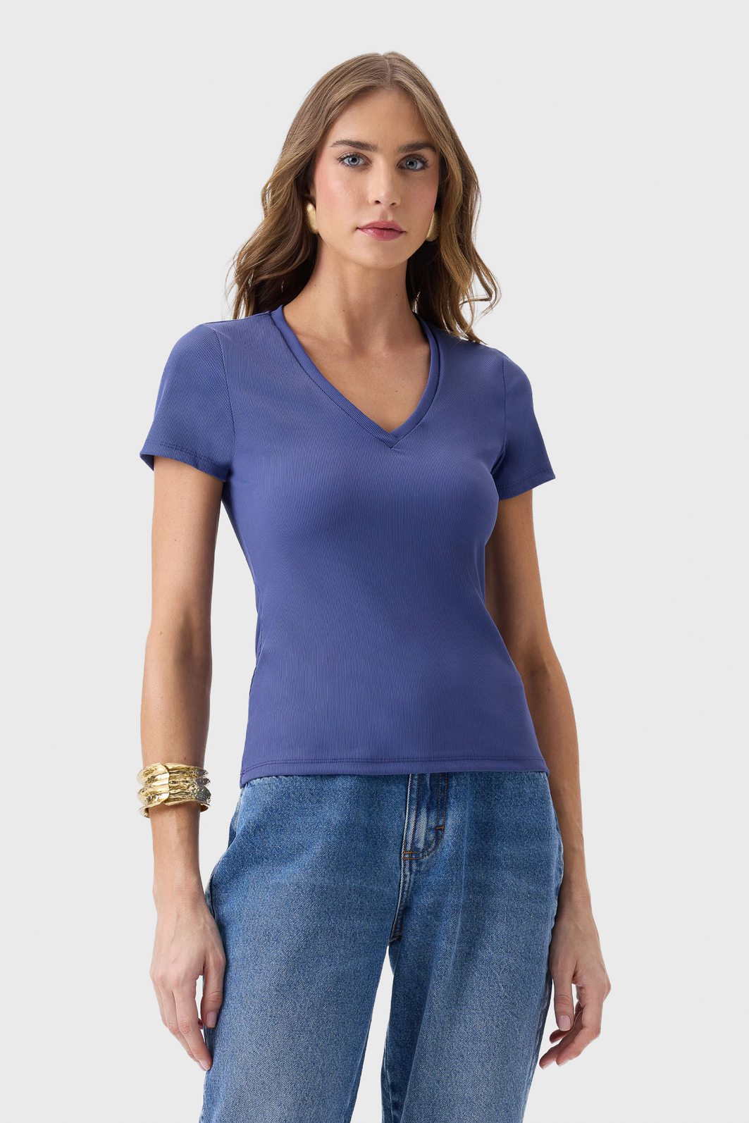 Blusa Flor de Lis Poliamida Elastano Malha Canelada Decote V Manga Curta Lisa Azul