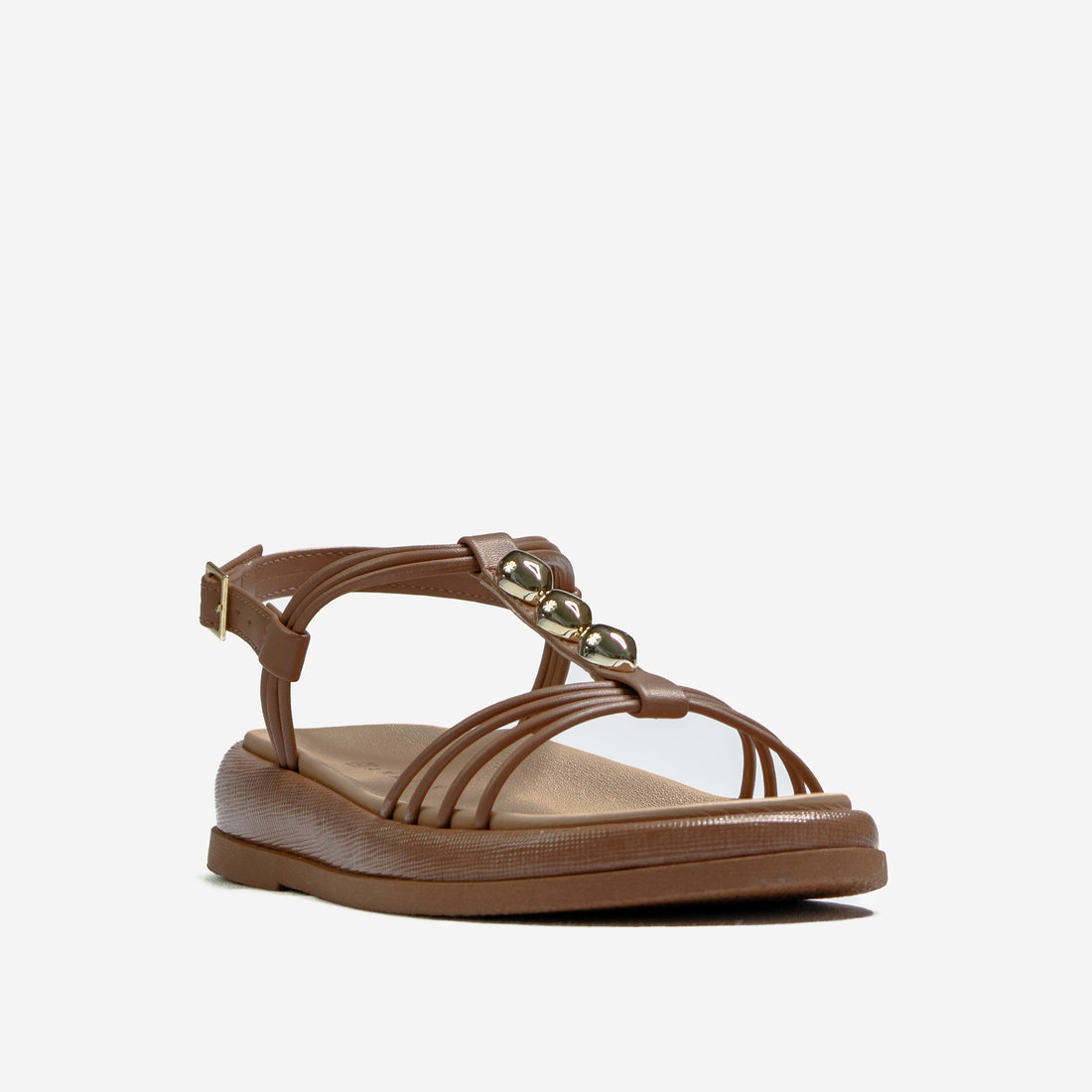 Sandália Papete Ramarim Tira Vazada Aplicação Metal Fechamento Fivela Solado Tratorado Marrom