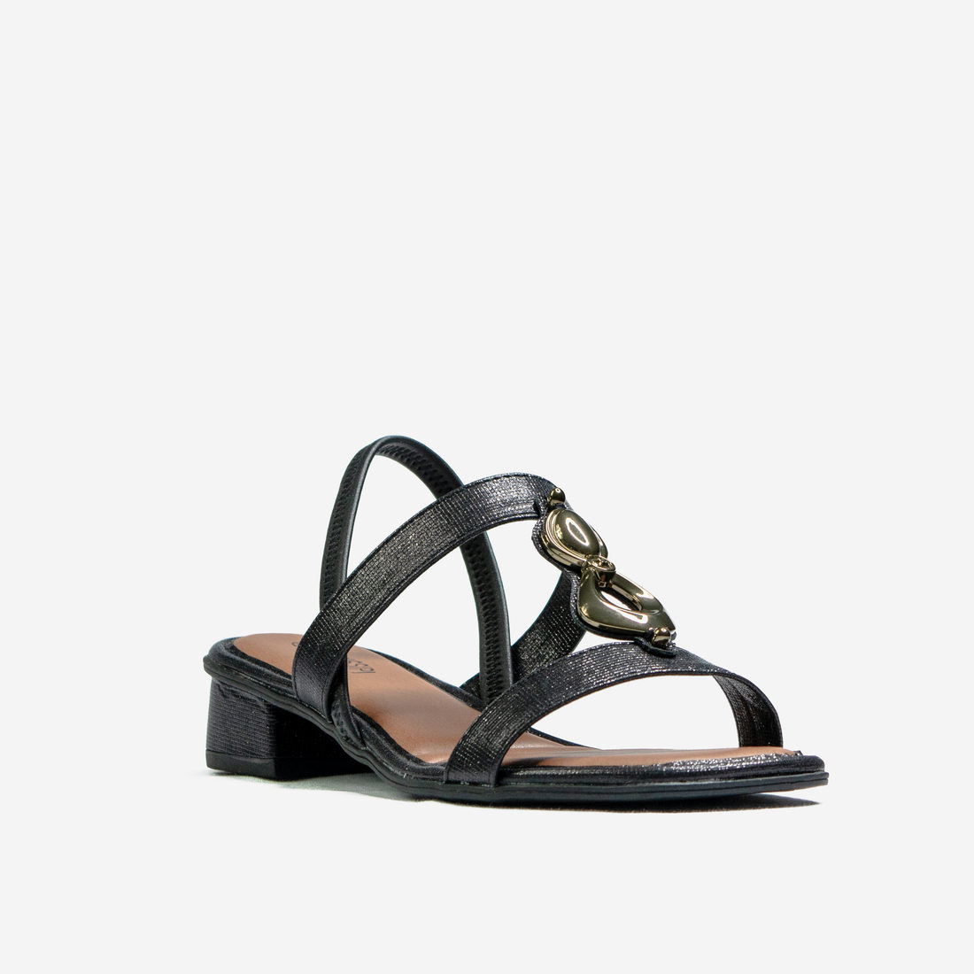 Sandália Mississipi Brilho Tira Aplicação Metal Geométrica Posterior Elástico Salto Rasteira Preto