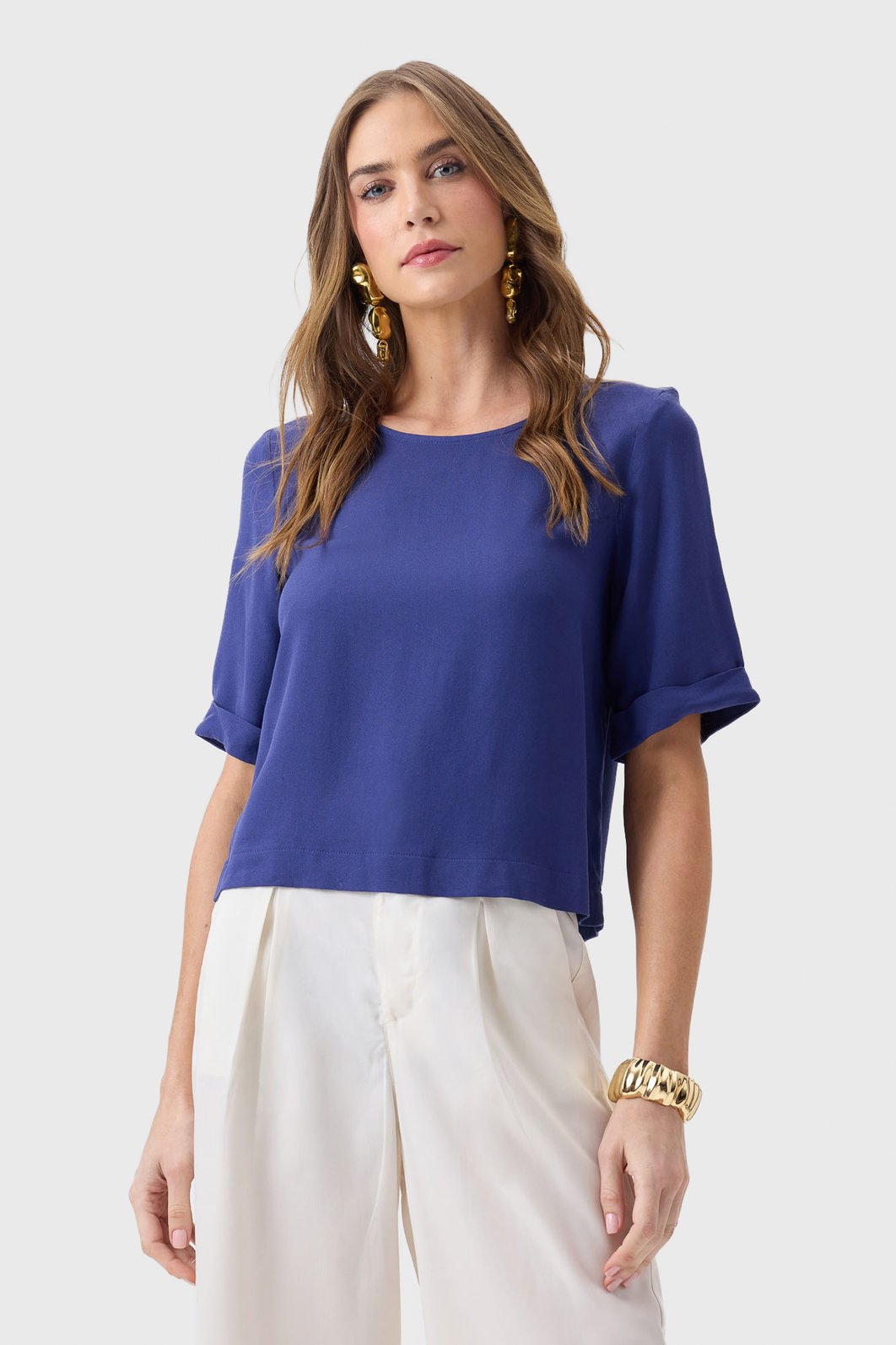 Blusa Flor de Lis Viscose Manga Curta 3/4 Dobrada Azul Marinho