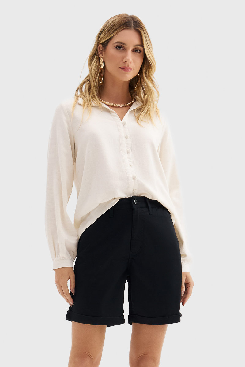 Camisa Flor de Lis AVL Gola Colarinho Manga Longa Bufante Lisa Detalhe Botões Off White