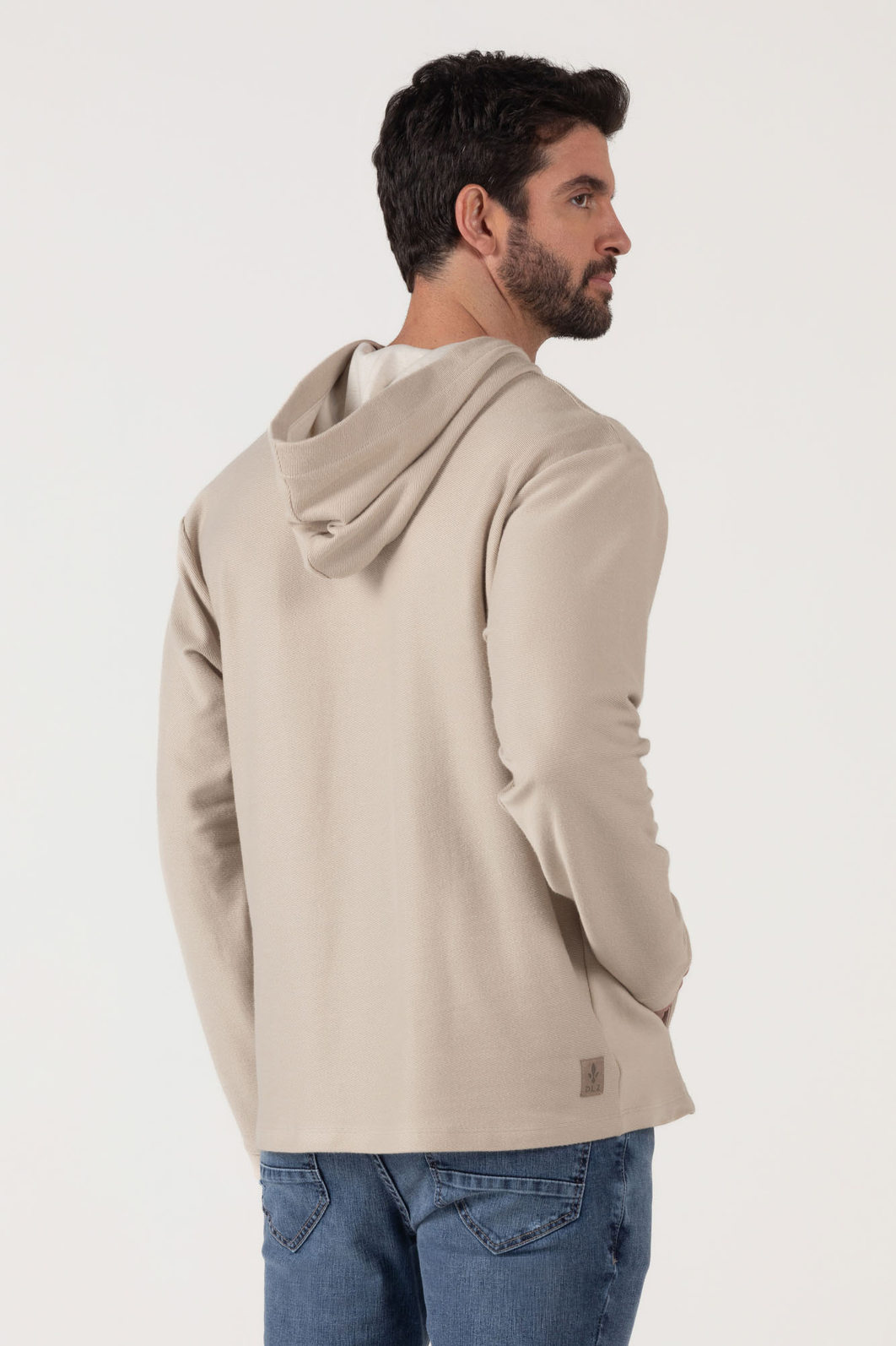 Blusão Dlz com Capuz Algodão Liso Aplicação Bordado Logo Bolso Canguru Bege