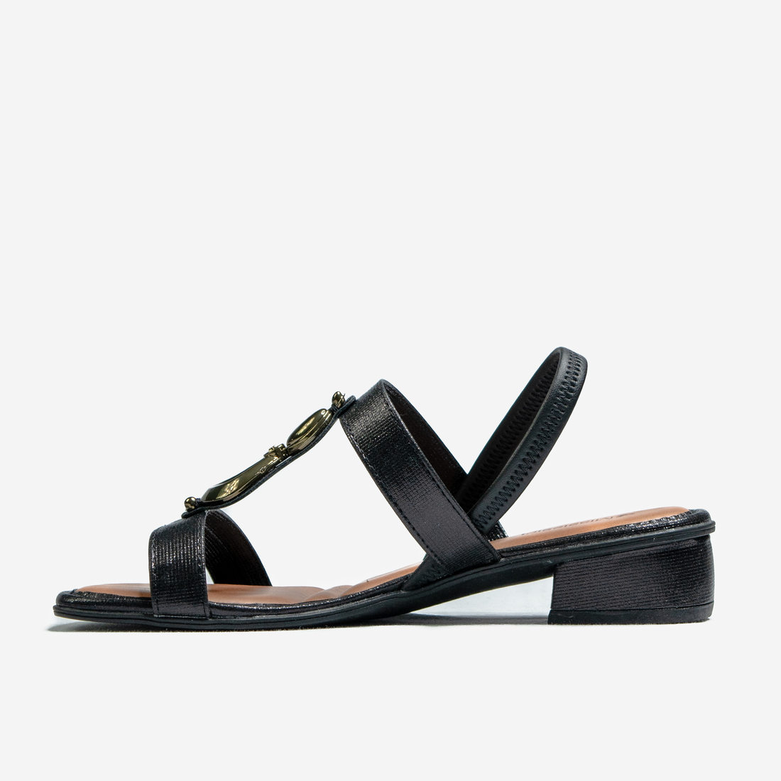 Sandália Mississipi Brilho Tira Aplicação Metal Geométrica Posterior Elástico Salto Rasteira Preto Sandália Mississipi Brilho Tira Aplicação Metal Geométrica Posterior Elástico Salto Rasteira Preto