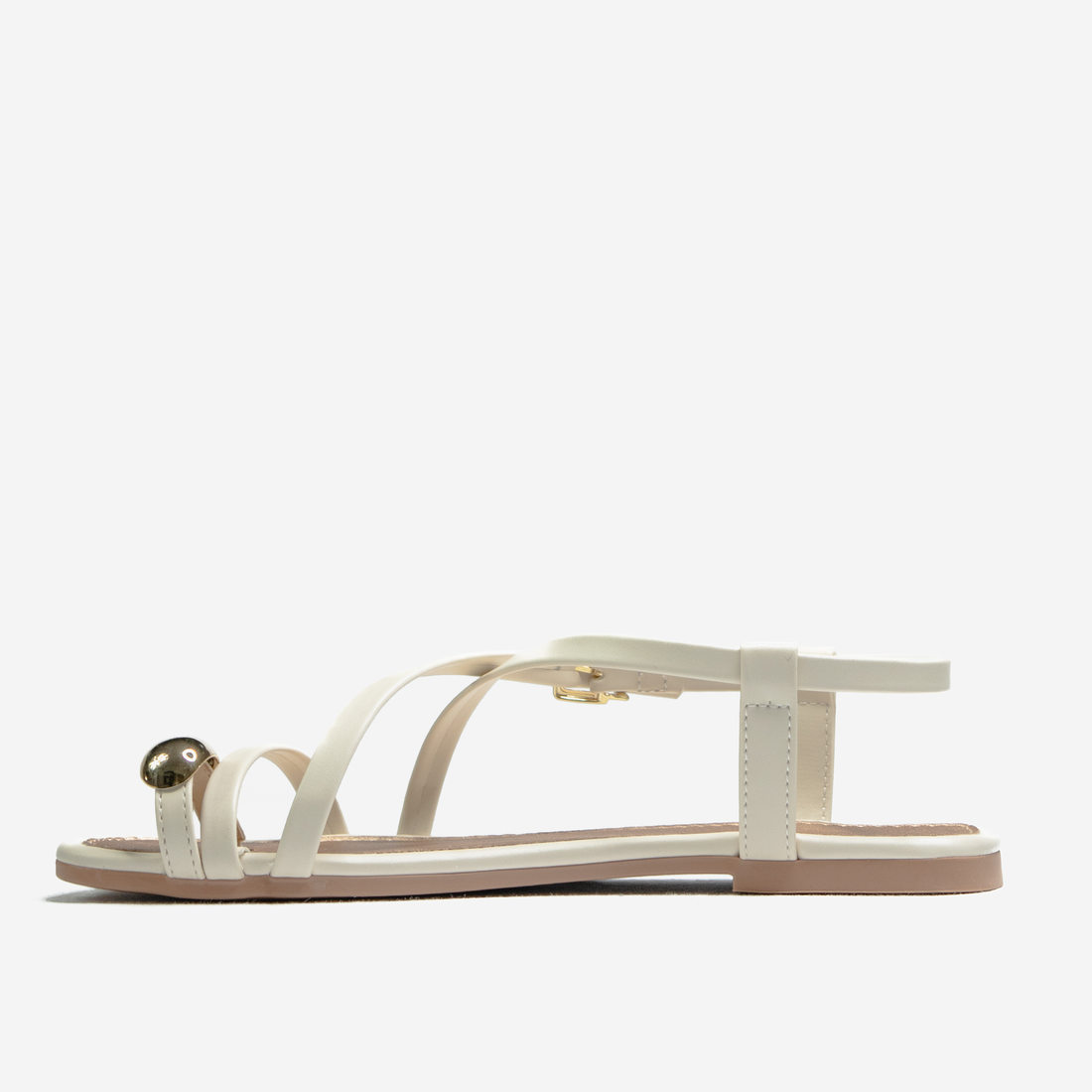 Sandália Rasteira Ramarim Bico Quadrado Tiras Transpassada Dedo Detalhe Metal Off White Sandália Rasteira Ramarim Bico Quadrado Tiras Transpassada Dedo Detalhe Metal Off White