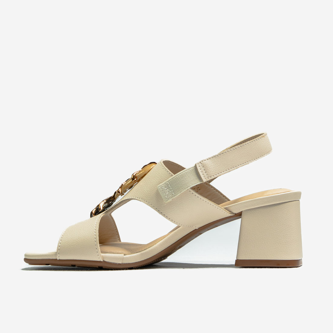 Sandália Modare Ultra Conforto Bico Quadrado Cabedal Pedra Metalizada Salto Grosso Médio Nude