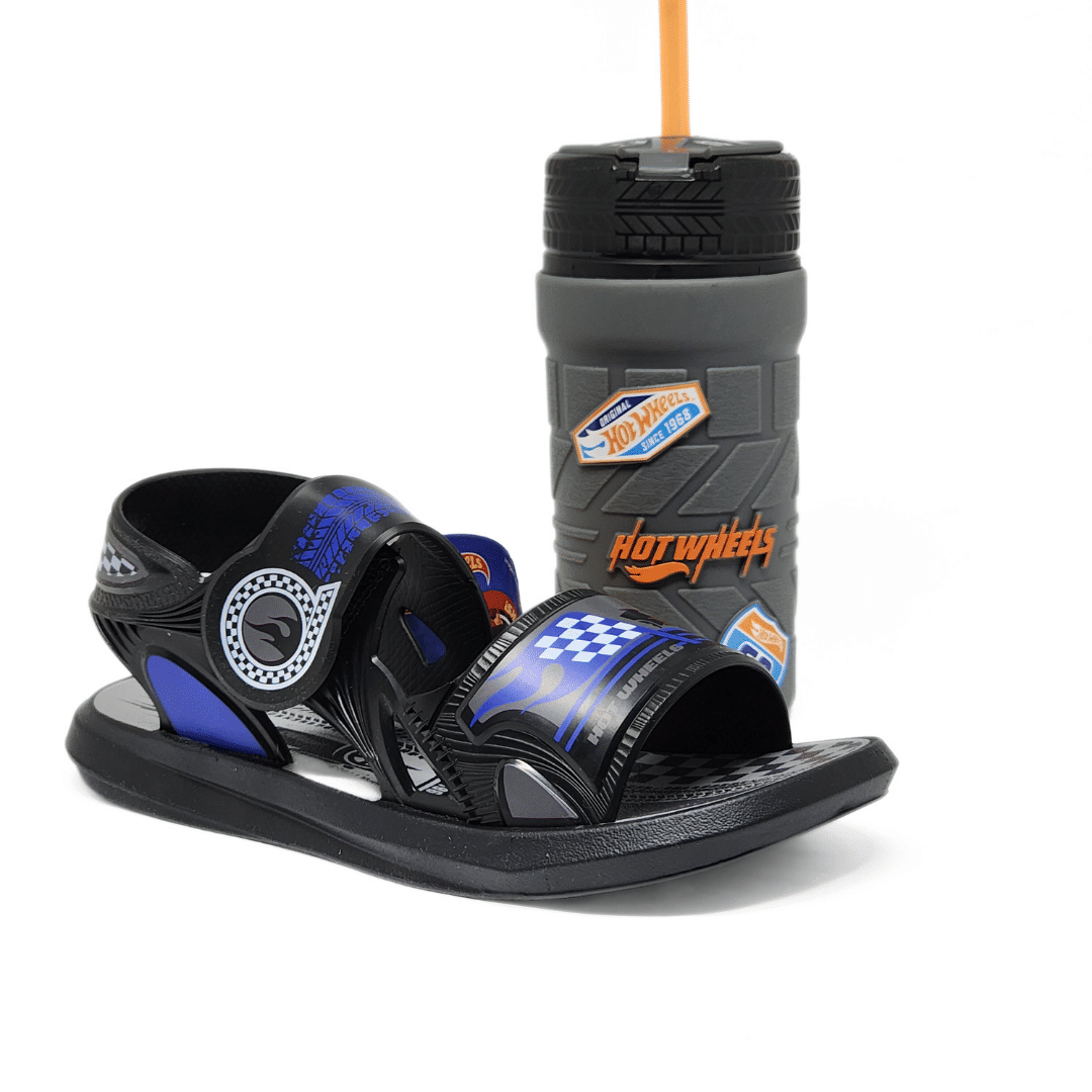 Sandália Papete Grendene Hot Wheels Fechamento Velcro Acompanha Copo Porta Snacks Preto e Azul