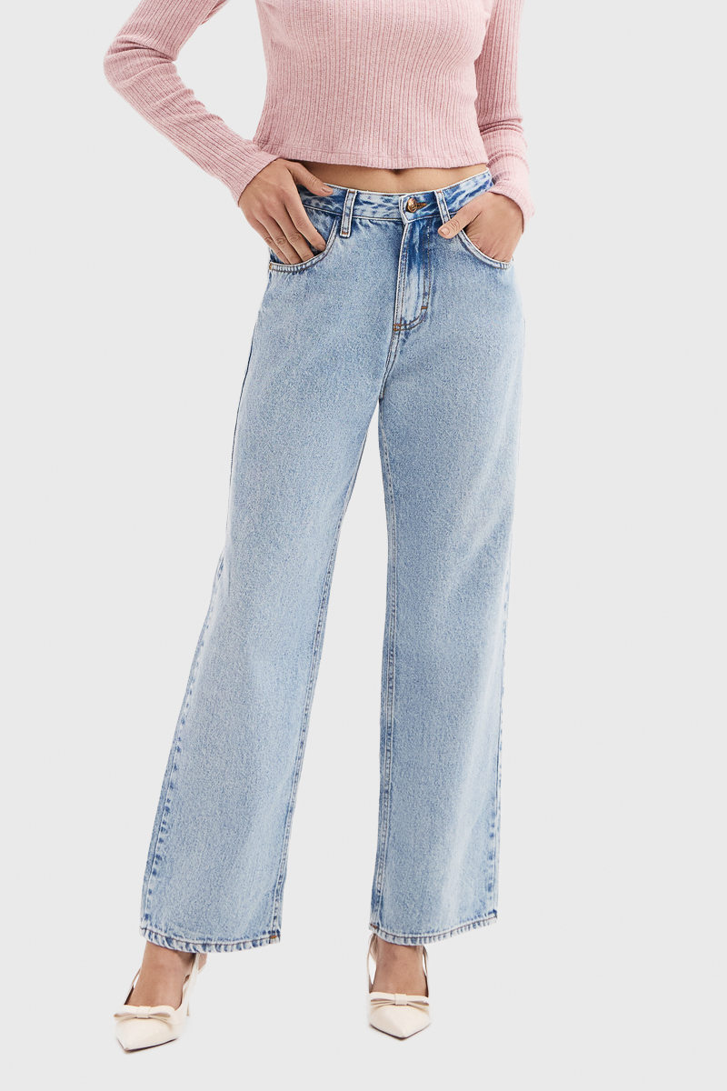 Calça Jeans Flor de Lis Wide Cropped Algodão Marmorizada com Bolso Azul Claro