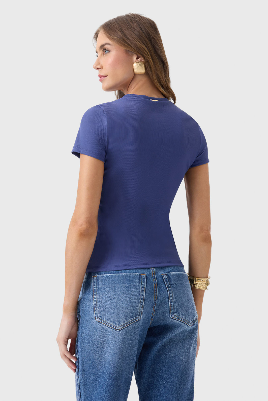 Blusa Flor de Lis Poliamida Elastano Malha Canelada Decote V Manga Curta Lisa Azul
