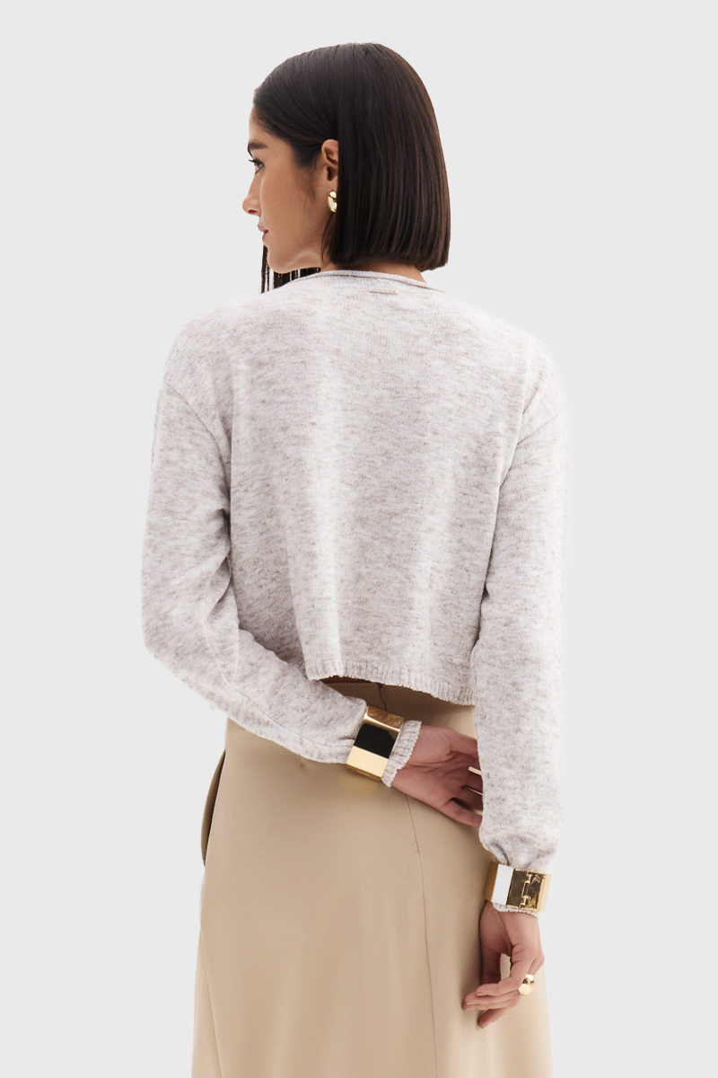 Blusa Cropped Flor de Lis Lã Acrílico Poliamida Manga Longa Lisa Off White