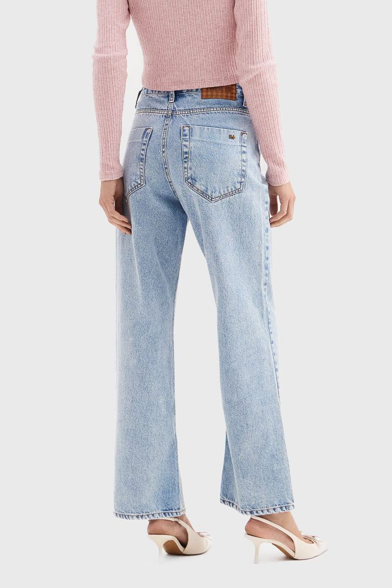 Calça Jeans Flor de Lis Wide Cropped Algodão Marmorizada com Bolso Azul Claro