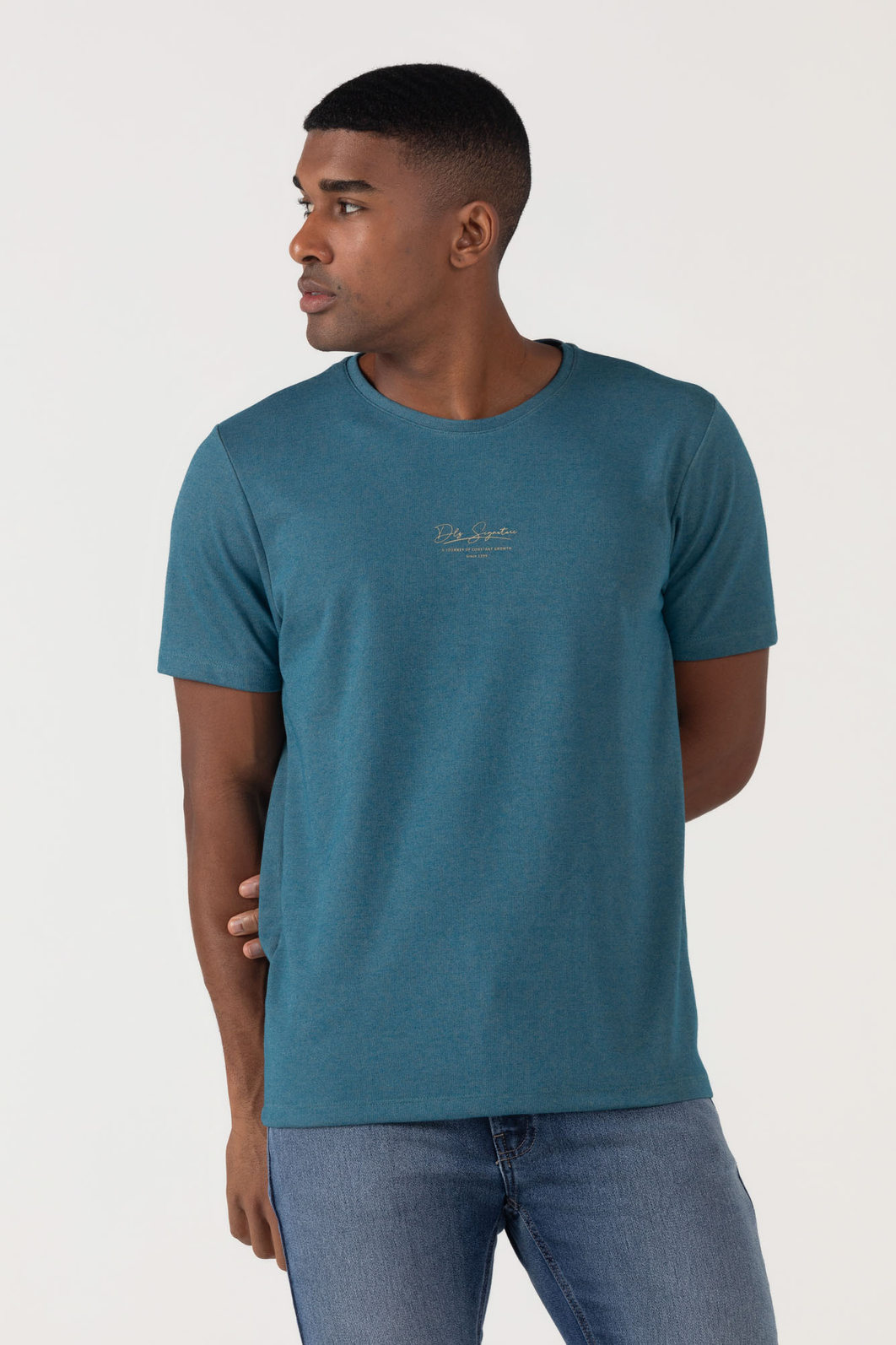 Camiseta Dlz Regular Algodão Poliéster Manga Curta Estampa Escrita Emborrachado Azul