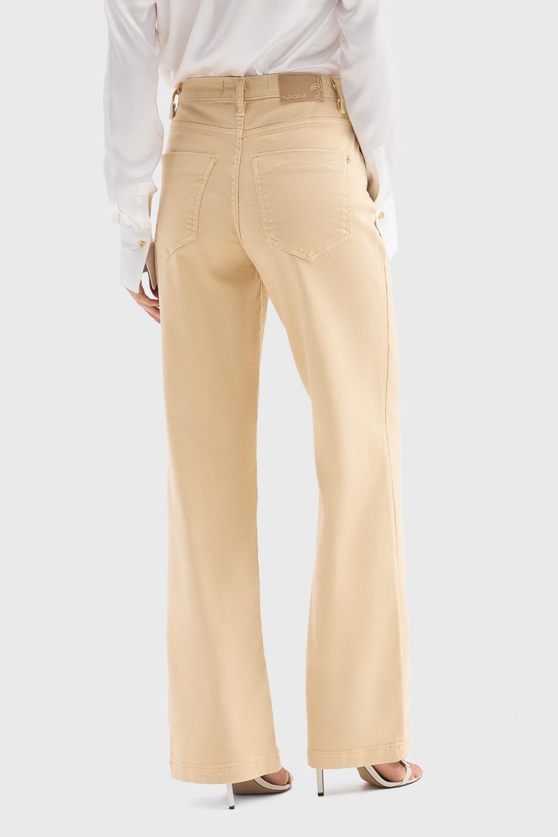 Calça Flor de Lis Wide Leg Algodão Elastano Lisa com Bolso Bege