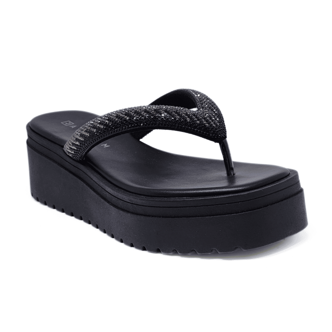 Tamanco Ramarim Tira Aplicação Strass Solado Tratorado Preto