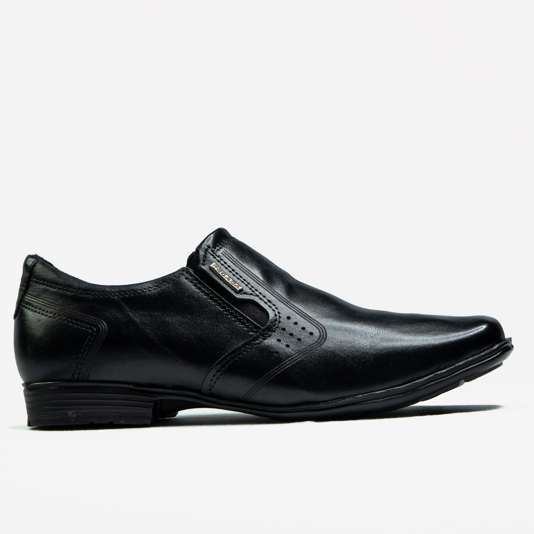 Sapato Social Pegada Couro Tecnologia Amortech Bico Quadrado Lateral Elástico Aplicação Metal Preto