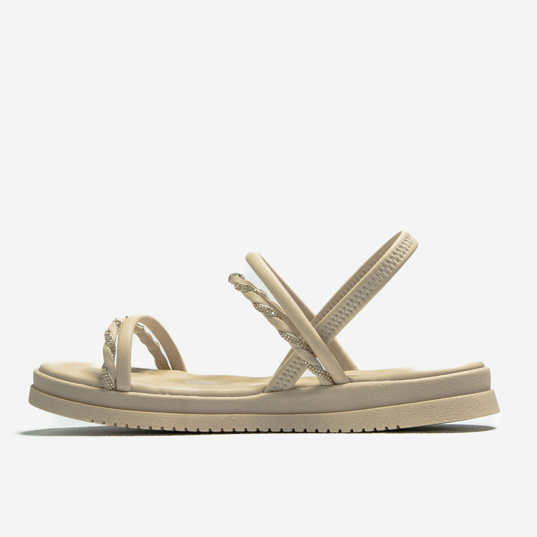 Sandália Papete Mississipi Cabedal Tiras Aplicação Strass Posterior Elástico Bege Sandália Papete Mississipi Cabedal Tiras Aplicação Strass Posterior Elástico Bege