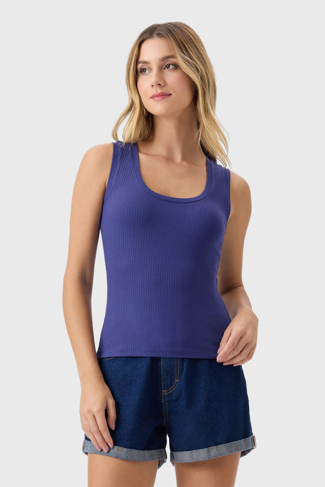 Blusa Regata Flor de Lis Viscose Elastano Malha Básica Lisa Azul