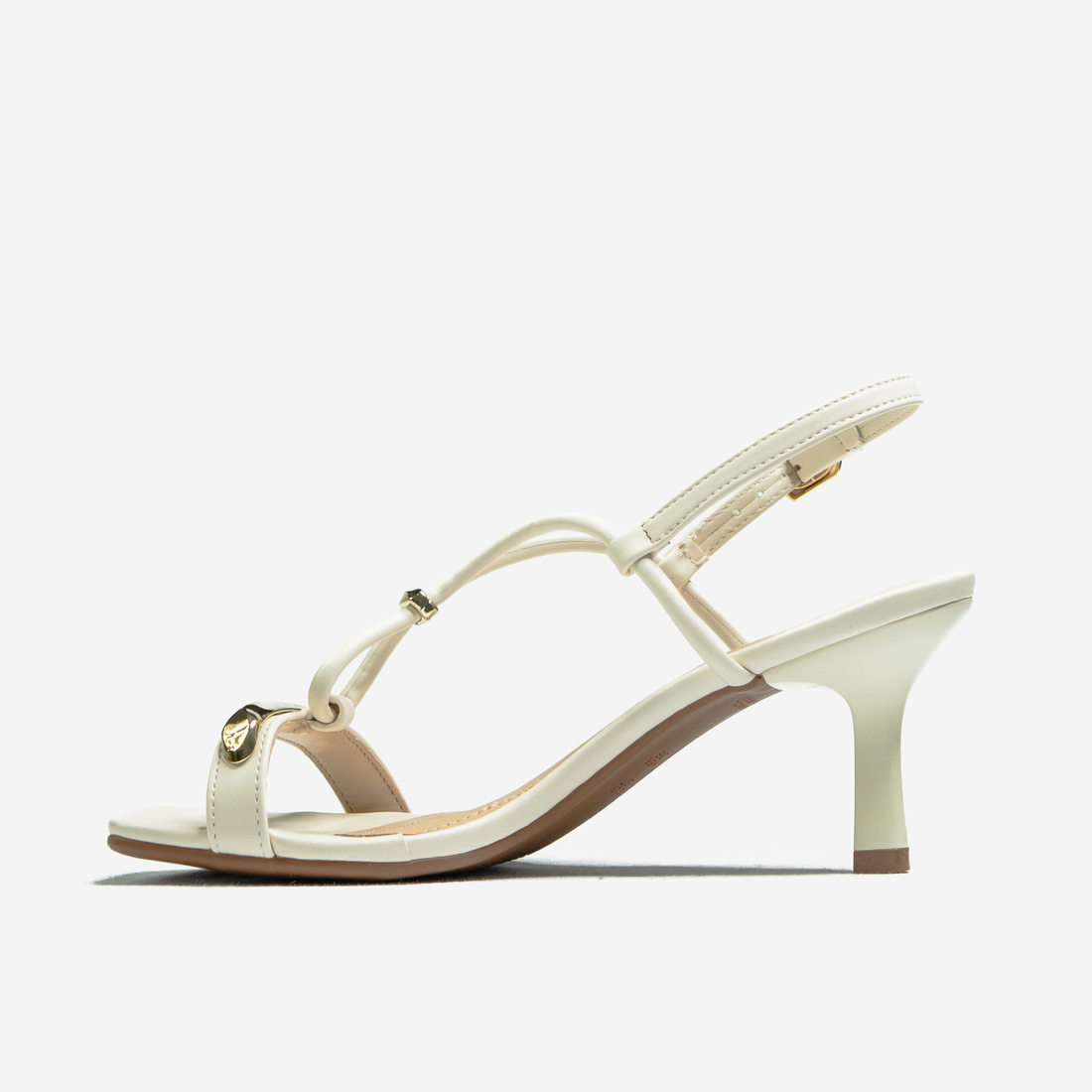 Sandália Ramarim Bico Quadrado Tira Detalhe Metal Ajustável Salto Médio Fino Off White Sandália Ramarim Bico Quadrado Tira Detalhe Metal Ajustável Salto Médio Fino Off White