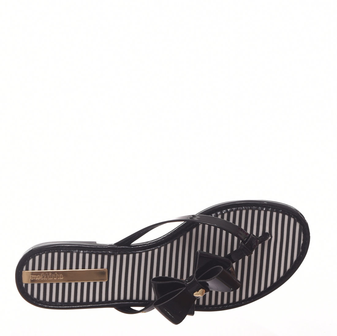 Sandália Rasteira Molekinha Sola Listrada Detalhe Laço Verniz Preta Sandália Rasteira Molekinha Sola Listrada Detalhe Laço Verniz Preta