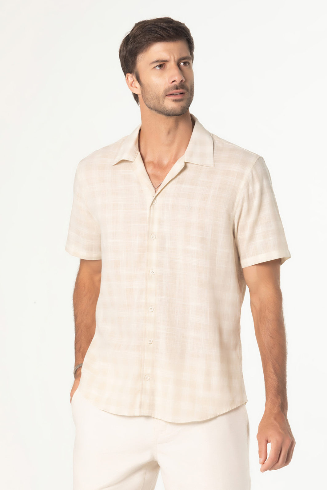 Camisa Dlz Comfort Algodão Gola Colarinho Manga Curta Estampa Xadrez Aplicação Bordado Logo Fechamen